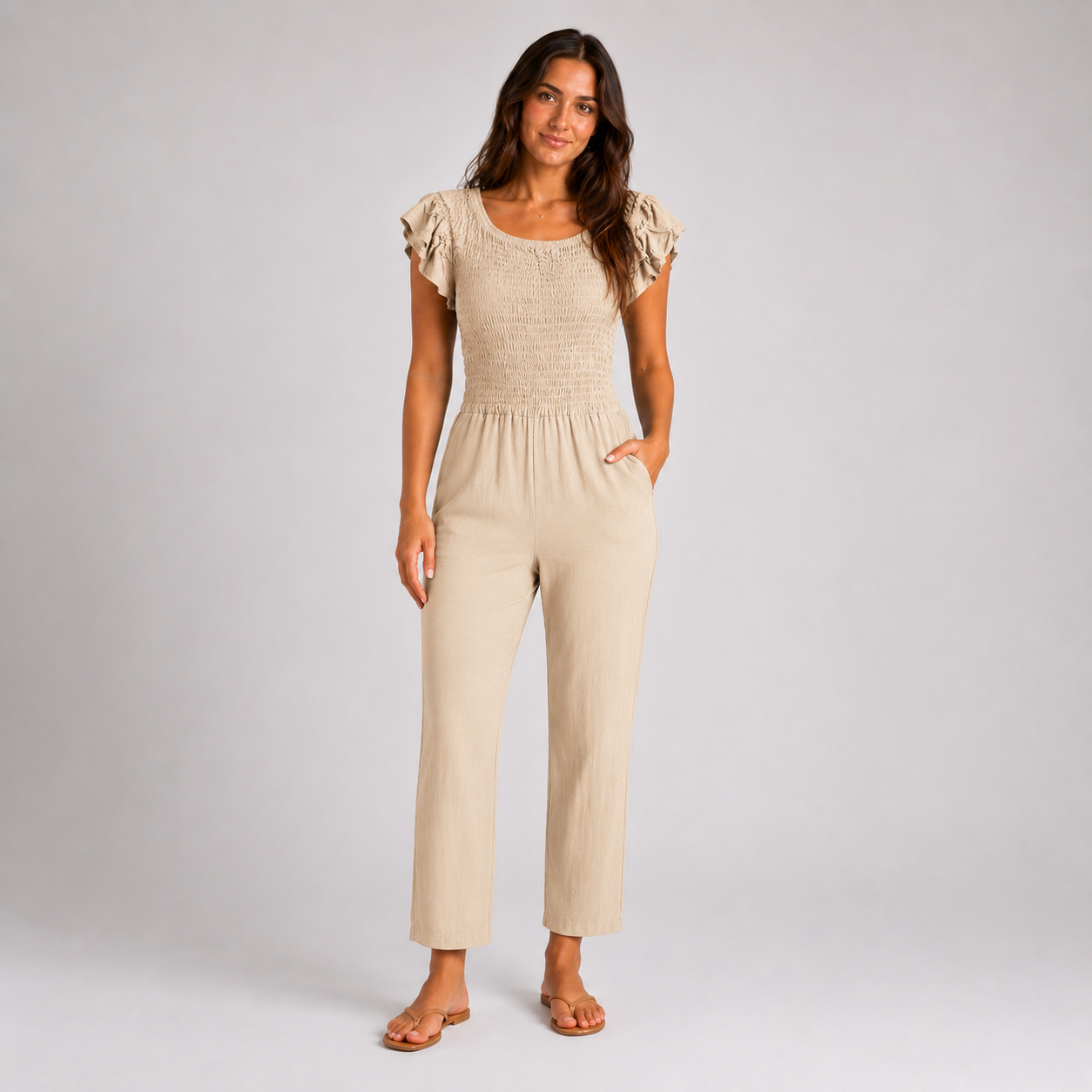 Beige womens shirred jumpsuit with puff sleeves and wide-leg cropped