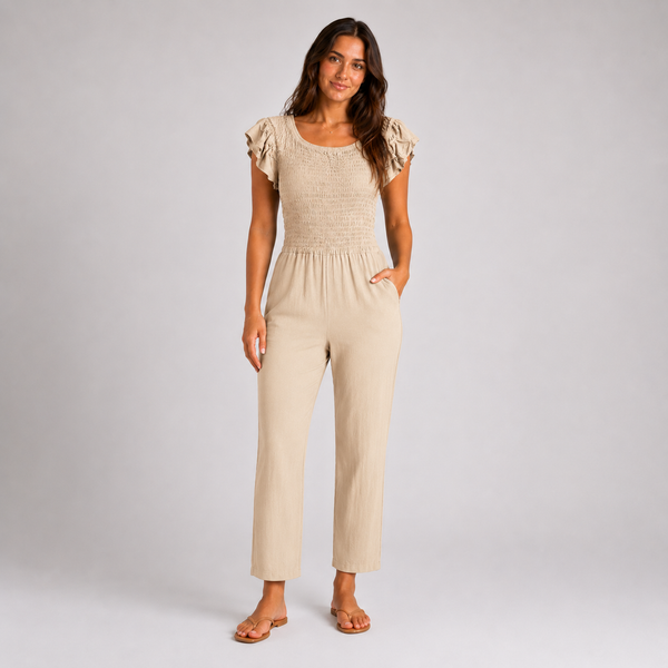 Ladies Shirred Plain Jumpsuit - (Beige)