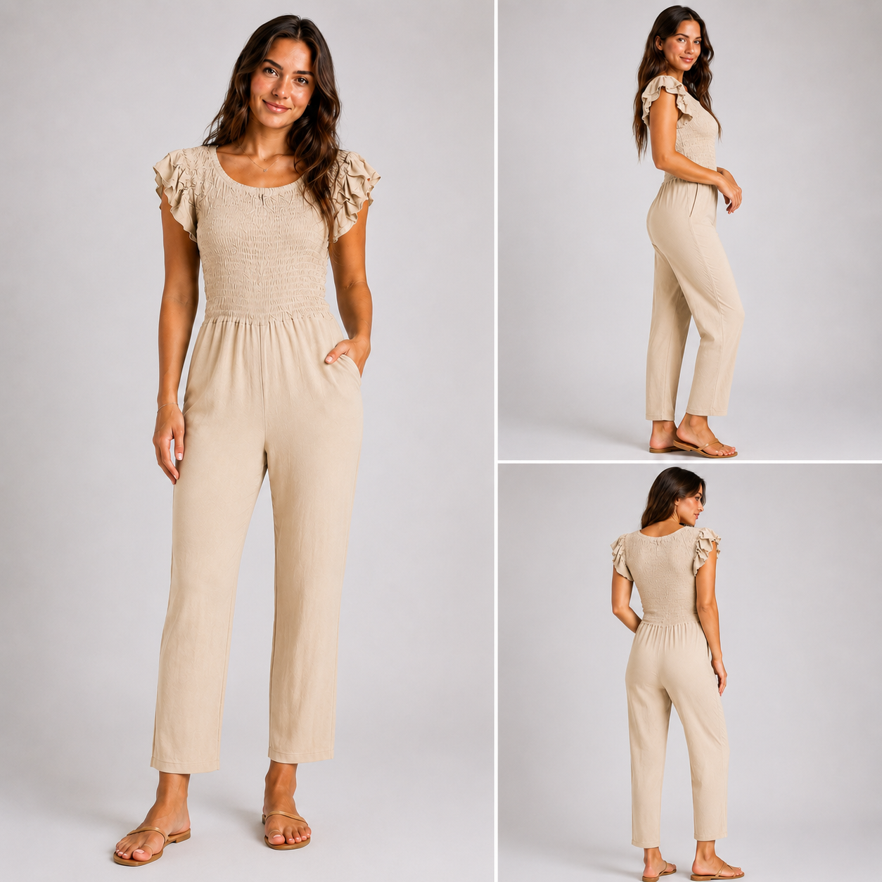 Beige womens shirred jumpsuit with puff sleeves and wide-leg cropped