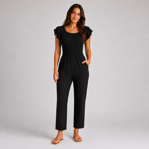 Ladies Shirred Plain Jumpsuit - (Black)