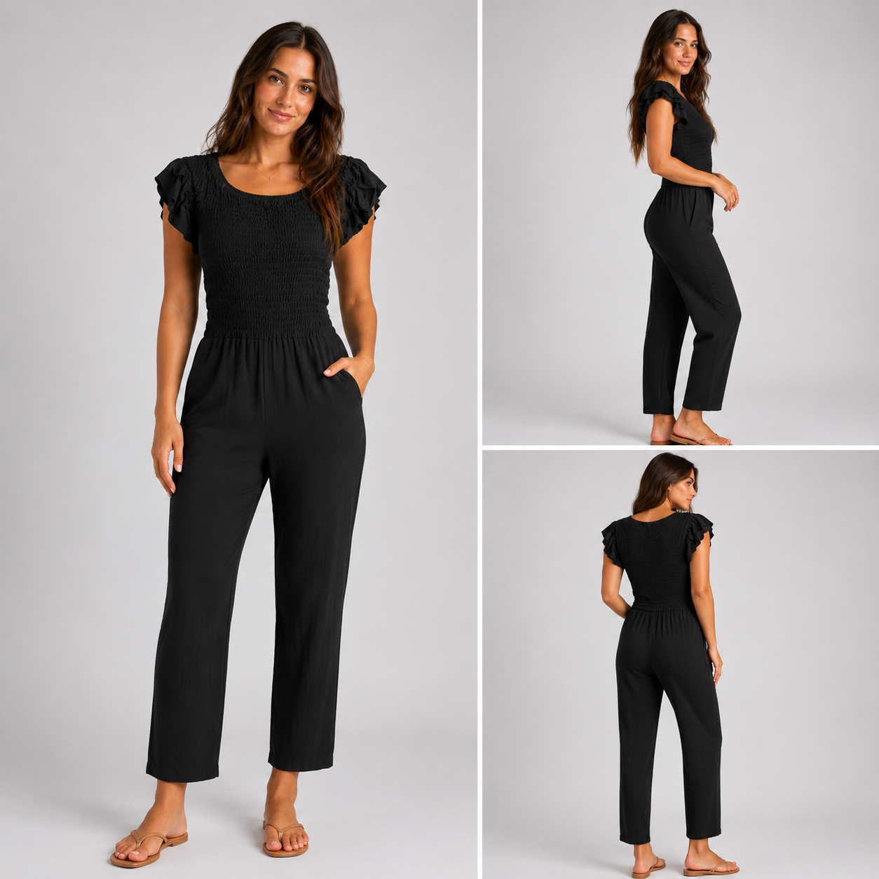 Black women's shirred jumpsuit with puff sleeves and wide-leg cropped