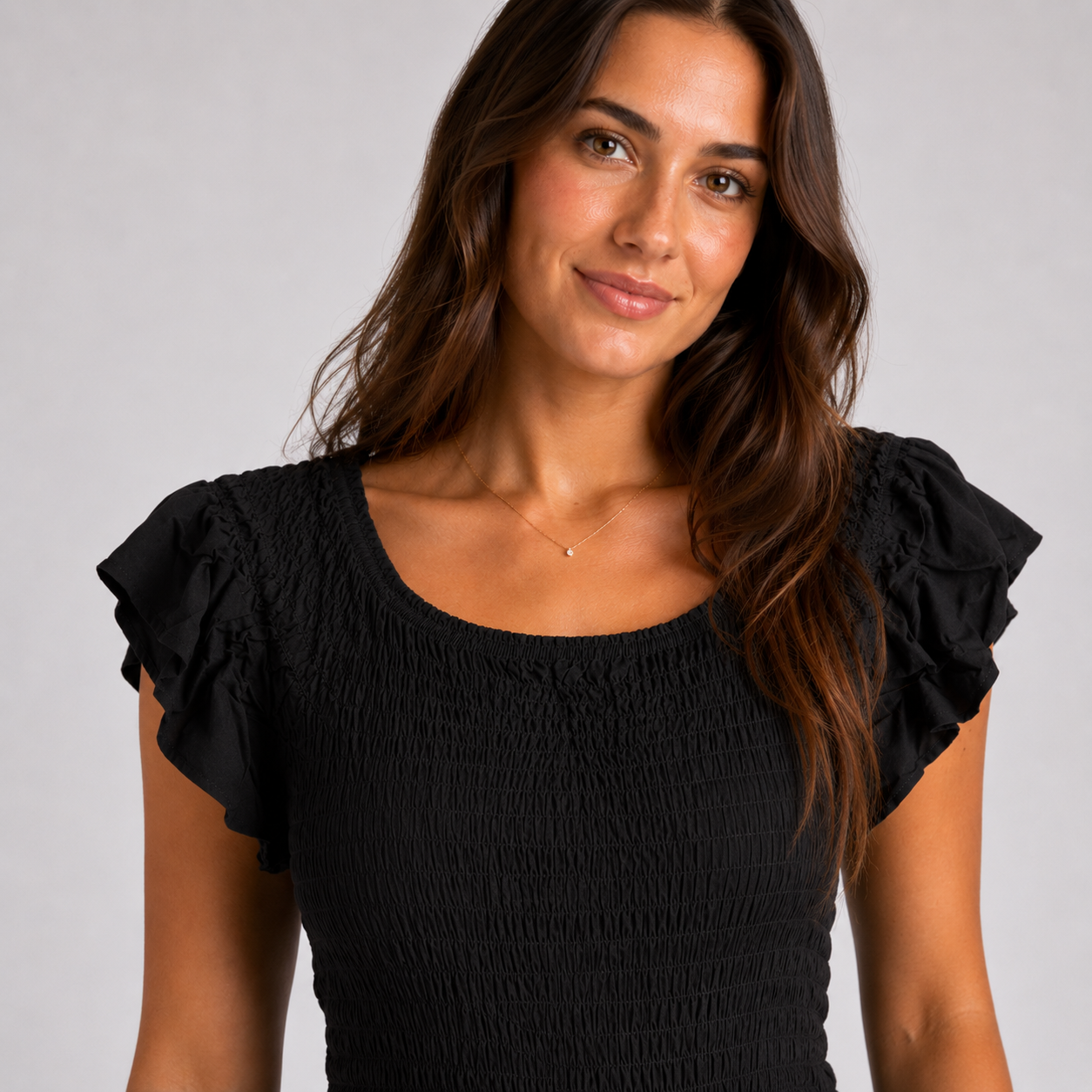 Black womens shirred jumpsuit with puff sleeves and wide-leg cropped