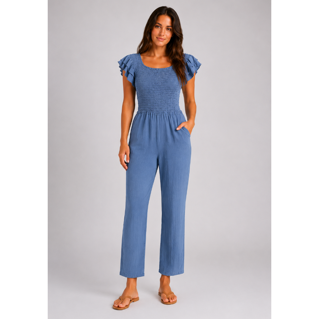 Denim blue womens shirred jumpsuit with puff sleeves and wide-leg cropped