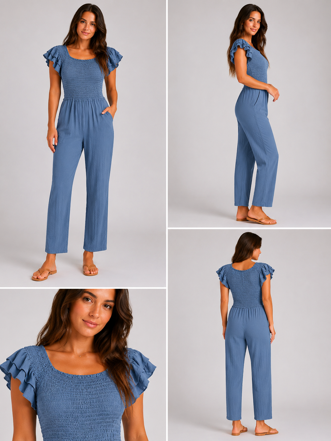 Denim blue womens shirred jumpsuit with puff sleeves and wide-leg cropped