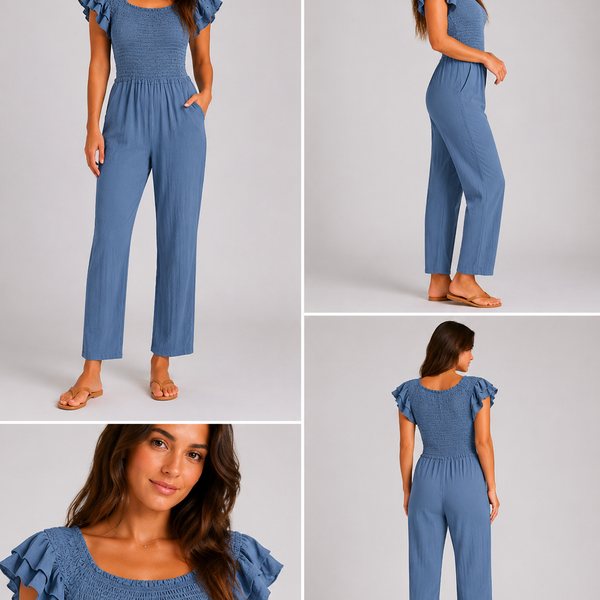 Ladies Shirred Plain Jumpsuit - (Denim Blue)
