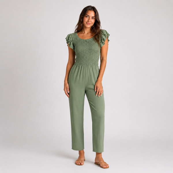 Ladies Shirred Plain Jumpsuit - (Khaki)
