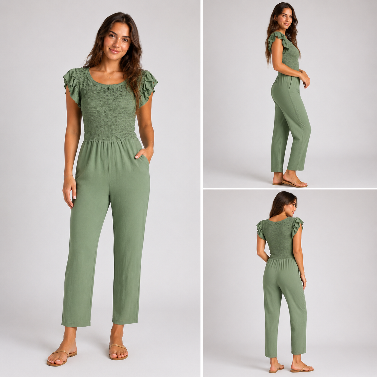 Khaki Green womens shirred jumpsuit with puff sleeves and wide-leg cropped