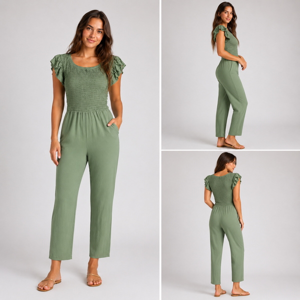 Ladies Shirred Plain Jumpsuit - (Khaki)