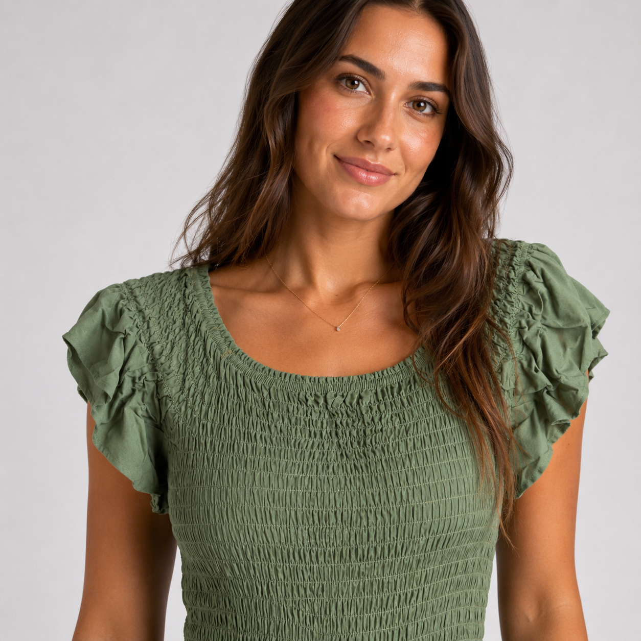 Khaki Green womens shirred jumpsuit with puff sleeves and wide-leg cropped