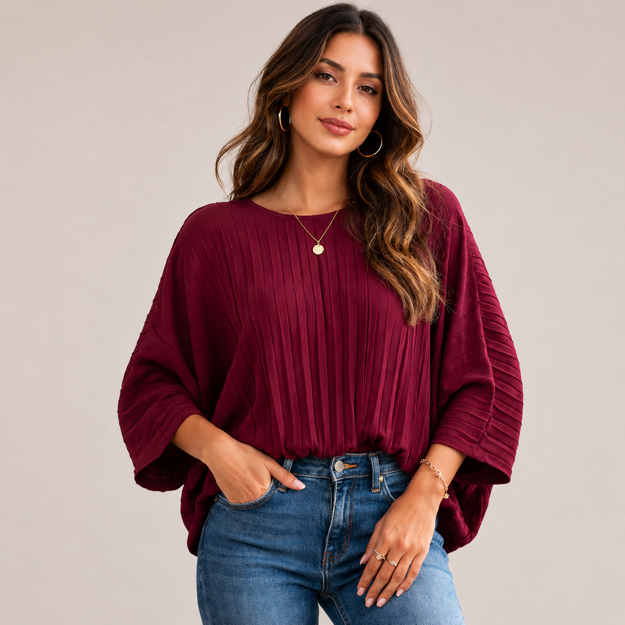 Made in Italy pleated batwing blouse, lightweight women’s floaty top with 3/4 sleeves and elasticated hem, elegant relaxed fit, sizes 10–16