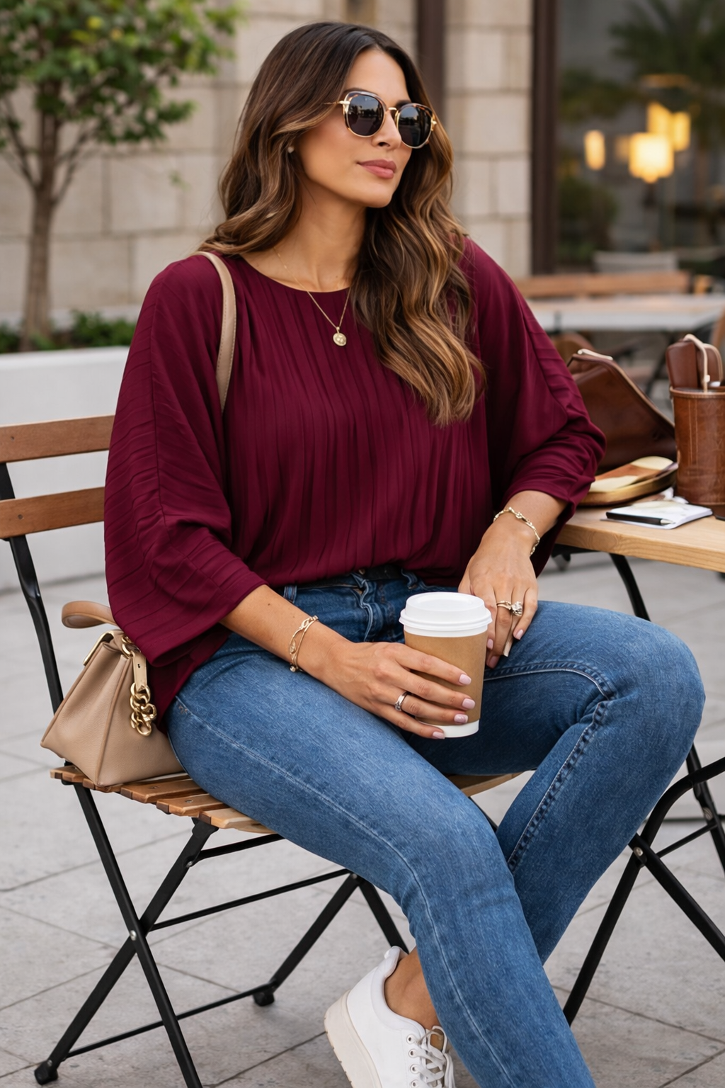 Made in Italy pleated batwing blouse, lightweight women’s floaty top with 3/4 sleeves and elasticated hem, elegant relaxed fit, sizes 10–16