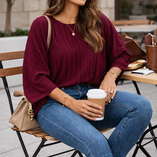 Ladies Pleated Batwing Sleeve Blouse