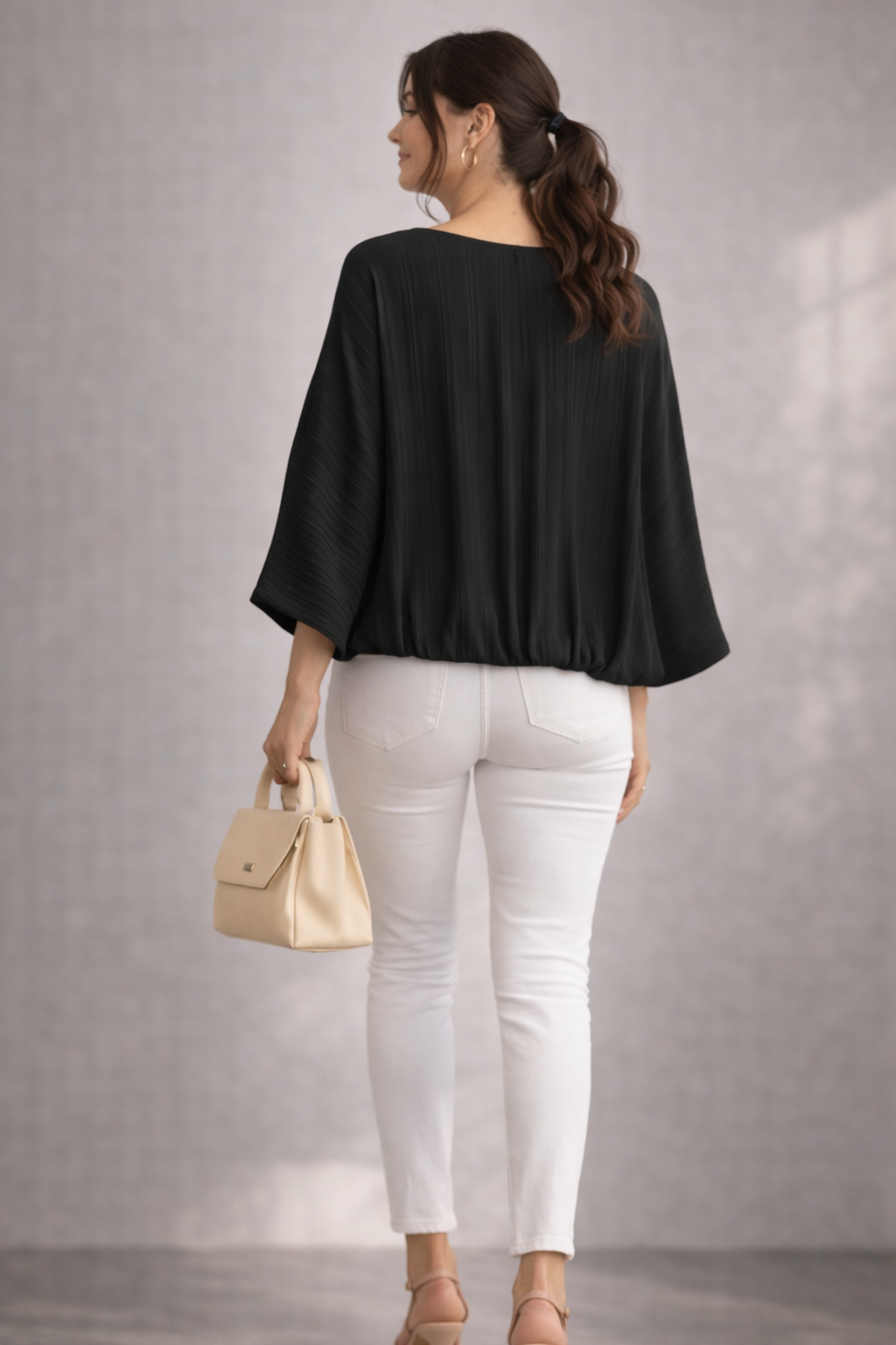 Made in Italy pleated batwing blouse, lightweight women’s floaty top with 3/4 sleeves and elasticated hem, elegant relaxed fit, sizes 10–16