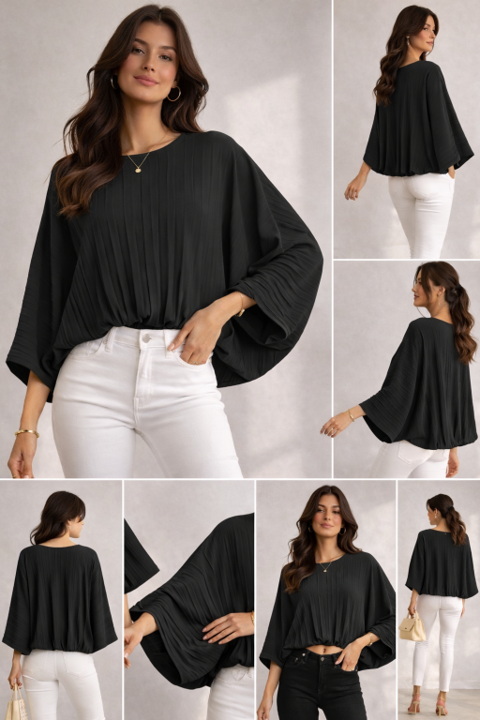 Made in Italy pleated batwing blouse, lightweight women’s floaty top with 3/4 sleeves and elasticated hem, elegant relaxed fit, sizes 10–16