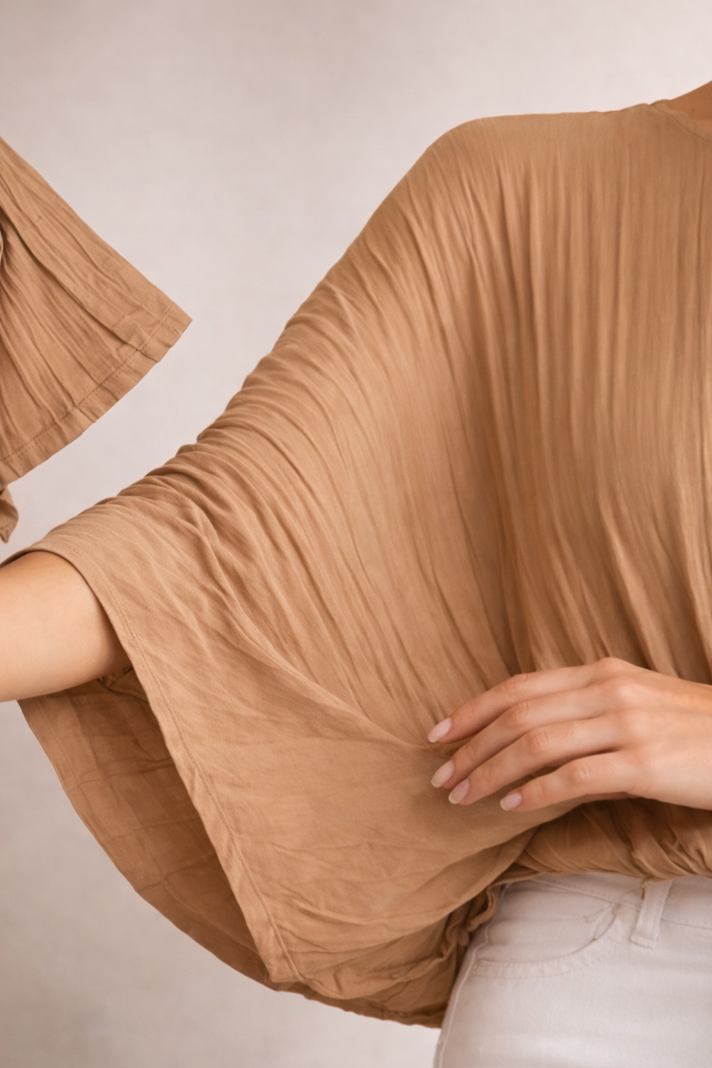 Made in Italy pleated batwing blouse, lightweight women’s floaty top with 3/4 sleeves and elasticated hem, elegant relaxed fit, sizes 10–16