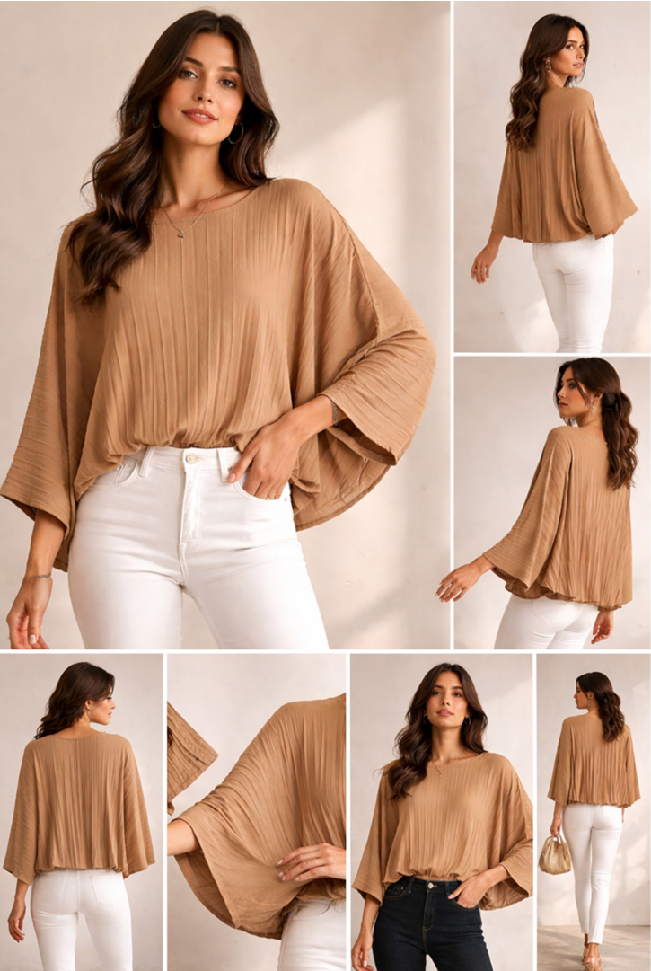 Made in Italy pleated batwing blouse, lightweight women’s floaty top with 3/4 sleeves and elasticated hem, elegant relaxed fit, sizes 10–16