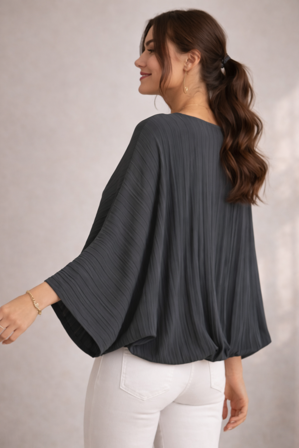Made in Italy pleated batwing blouse, lightweight women’s floaty top with 3/4 sleeves and elasticated hem, elegant relaxed fit, sizes 10–16