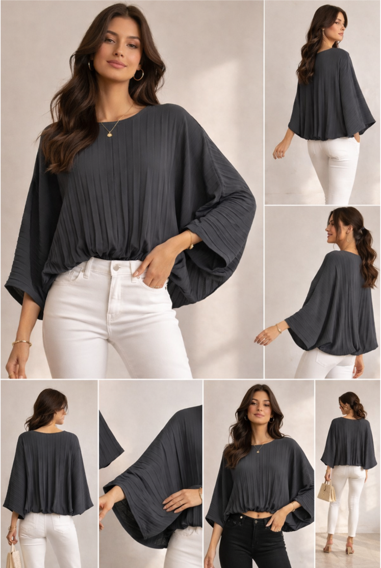 Made in Italy pleated batwing blouse, lightweight women’s floaty top with 3/4 sleeves and elasticated hem, elegant relaxed fit, sizes 10–16