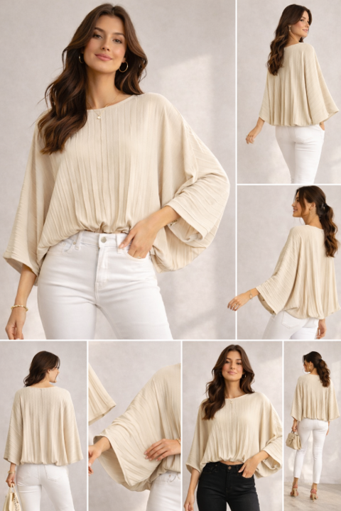 Made in Italy pleated batwing blouse, lightweight women’s floaty top with 3/4 sleeves and elasticated hem, elegant relaxed fit, sizes 10–16