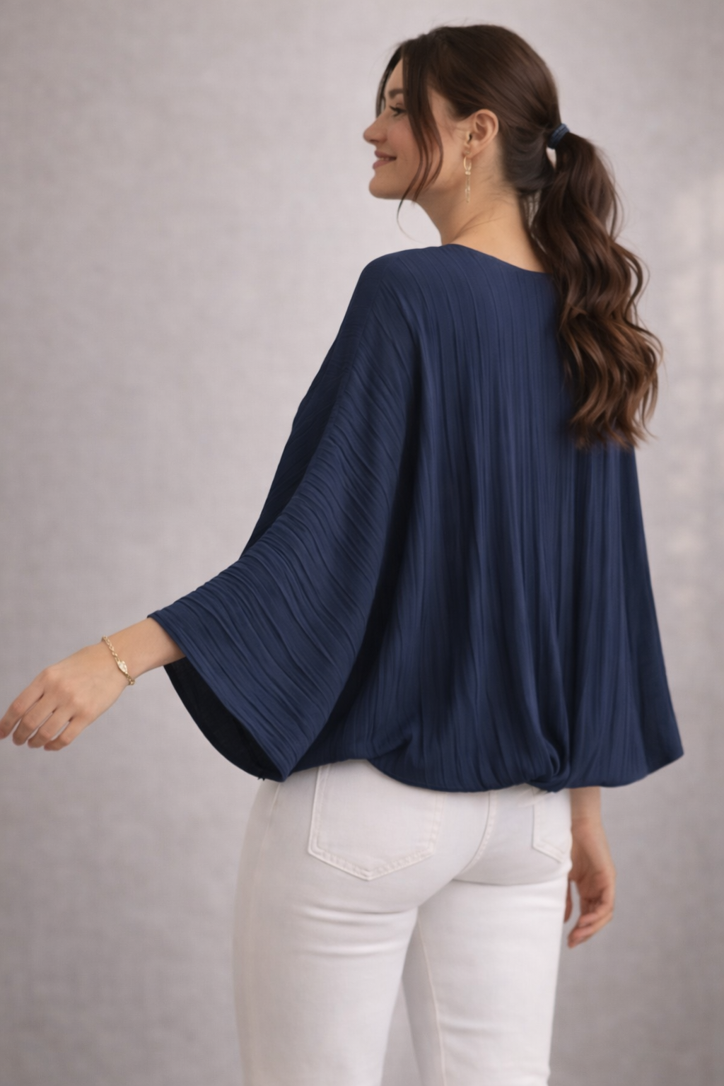 Made in Italy pleated batwing blouse, lightweight women’s floaty top with 3/4 sleeves and elasticated hem, elegant relaxed fit, sizes 10–16