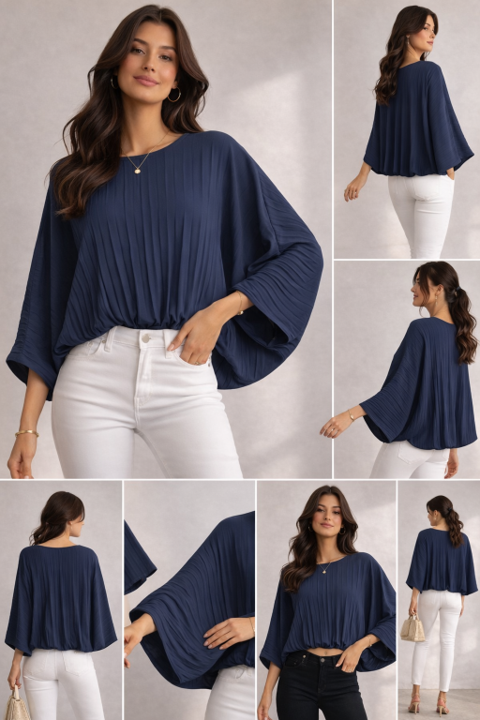 Made in Italy pleated batwing blouse, lightweight women’s floaty top with 3/4 sleeves and elasticated hem, elegant relaxed fit, sizes 10–16
