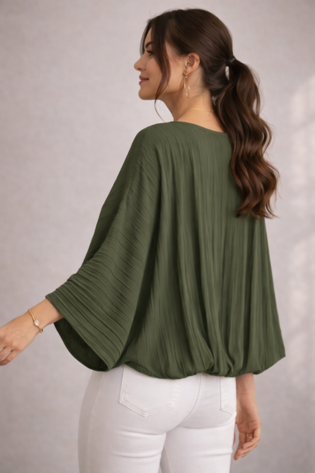 Made in Italy pleated batwing blouse, lightweight women’s floaty top with 3/4 sleeves and elasticated hem, elegant relaxed fit, sizes 10–16