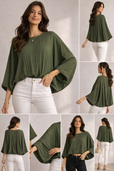 Made in Italy pleated batwing blouse, lightweight women’s floaty top with 3/4 sleeves and elasticated hem, elegant relaxed fit, sizes 10–16