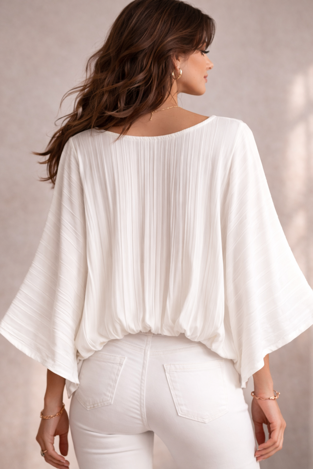 Made in Italy pleated batwing blouse, lightweight women’s floaty top with 3/4 sleeves and elasticated hem, elegant relaxed fit, sizes 10–16