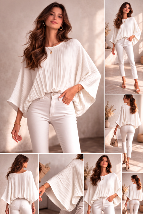 Made in Italy pleated batwing blouse, lightweight women’s floaty top with 3/4 sleeves and elasticated hem, elegant relaxed fit, sizes 10–16