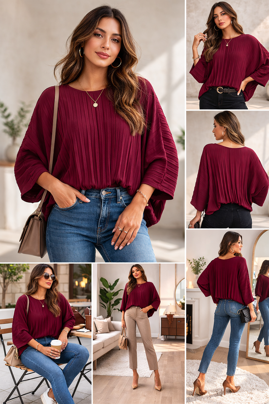 Made in Italy pleated batwing blouse, lightweight women’s floaty top with 3/4 sleeves and elasticated hem, elegant relaxed fit, sizes 10–16