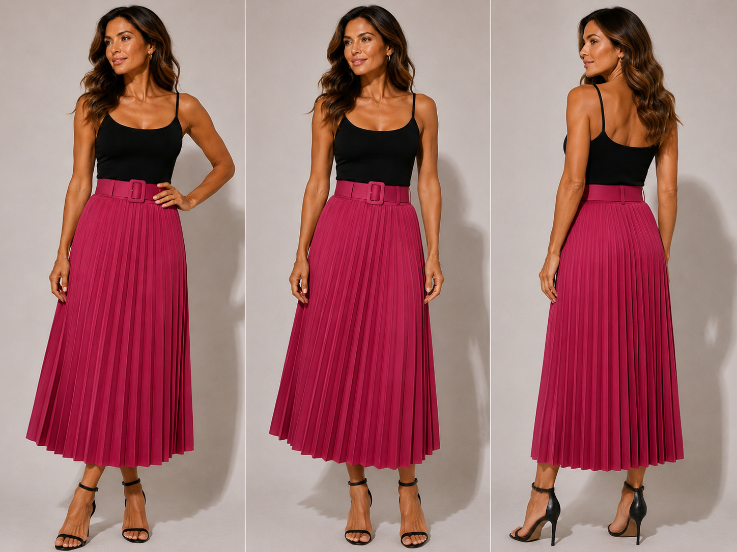 dusky pink pleated midi skirt with high waist belt detail