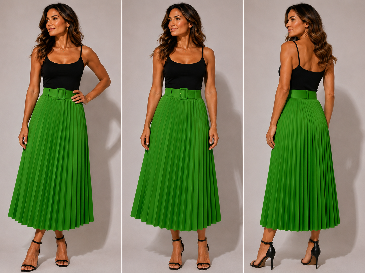 kelly green pleated midi skirt with high waist belt detail