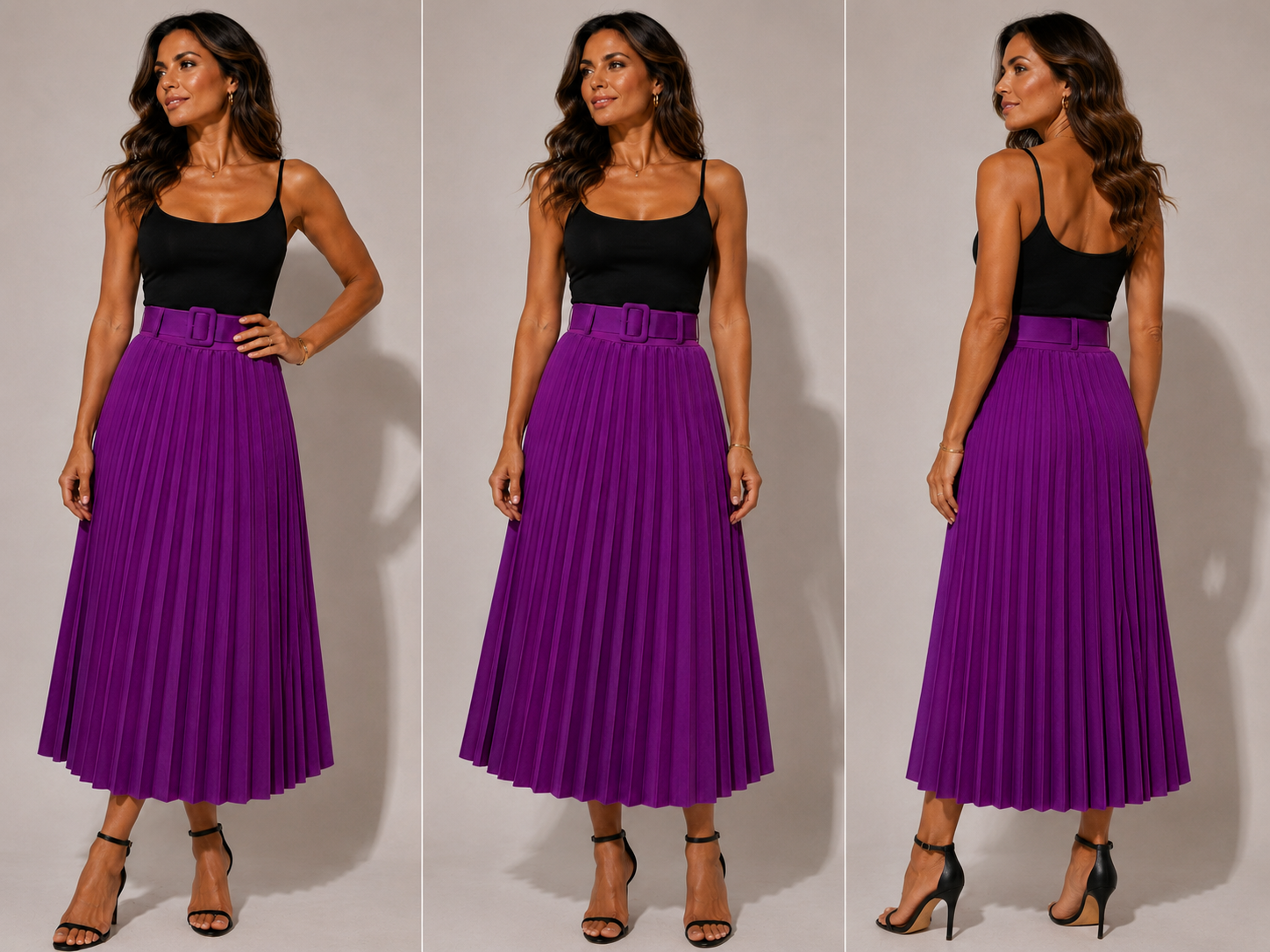Purple magenta pleated midi skirt with high waist belt detail