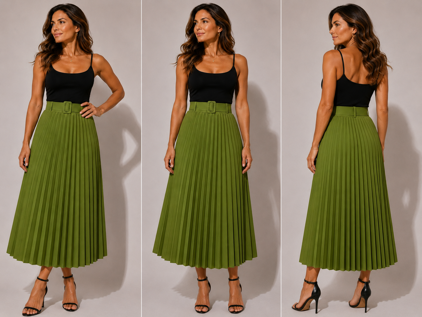 sage green pleated midi skirt with high waist belt detail