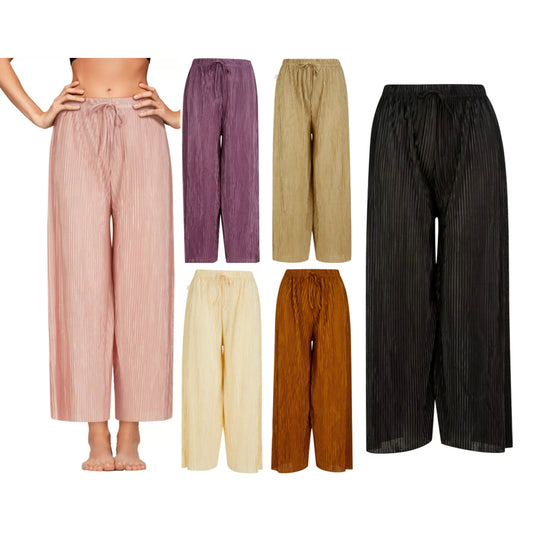 Ladies soft touch cropped trousers in multiple colors including pink, purple, beige, cream, brown, and black – lightweight wide leg casual pants with drawstring waist.