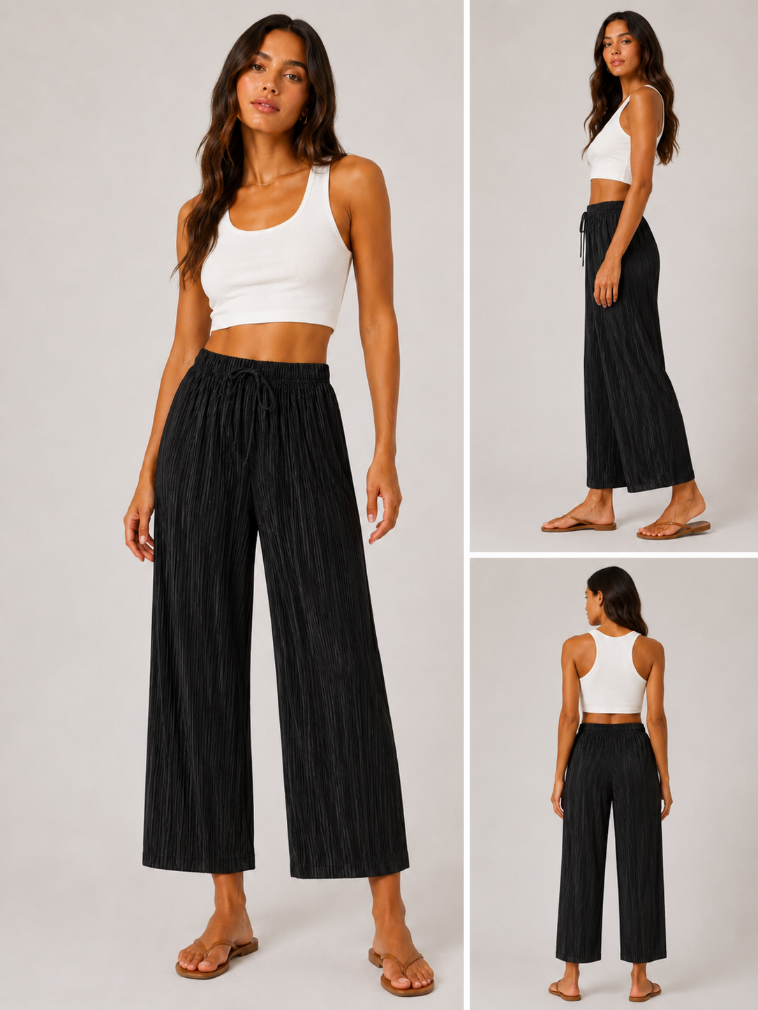 Ladies soft touch cropped trousers in black – lightweight wide leg casual pants with elasticated drawstring waist.