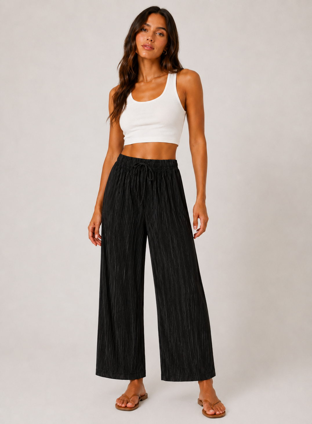Ladies soft touch cropped trousers in black – lightweight wide leg casual pants with elasticated drawstring waist.