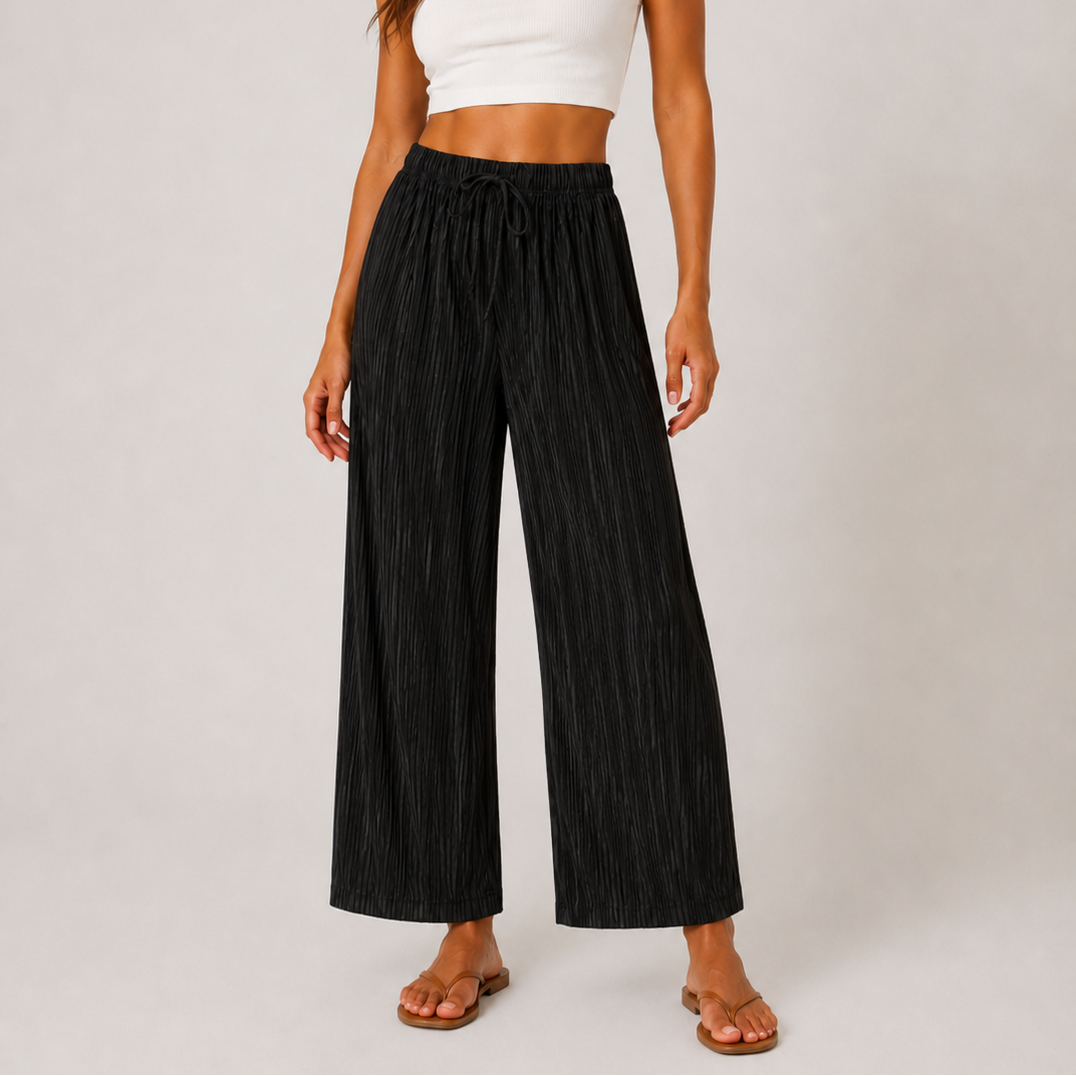Ladies soft touch cropped trousers in black – lightweight wide leg casual pants with elasticated drawstring waist.