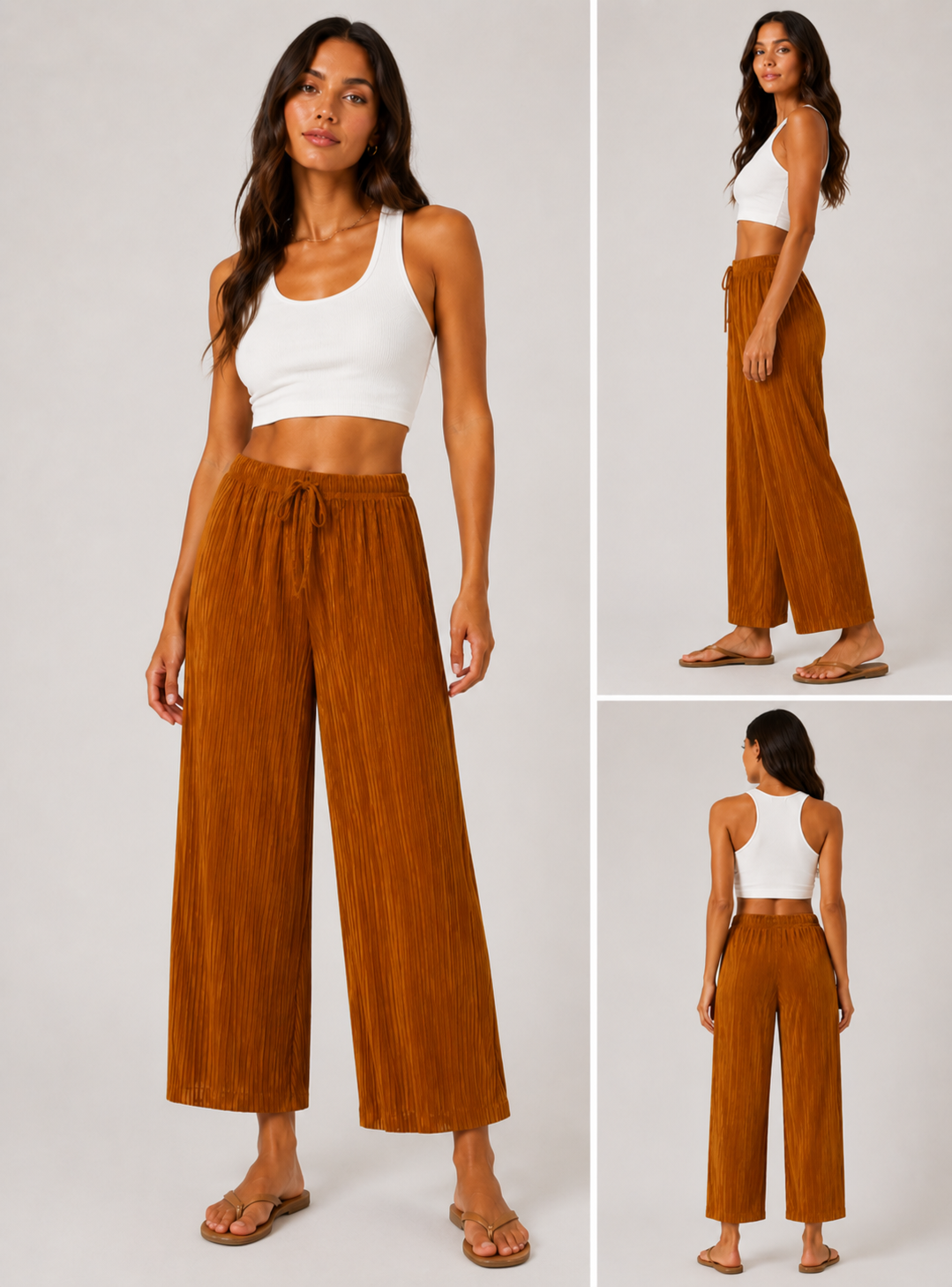 Ladies soft touch cropped trousers in caramel brown – lightweight wide leg casual pants with elasticated drawstring waist.