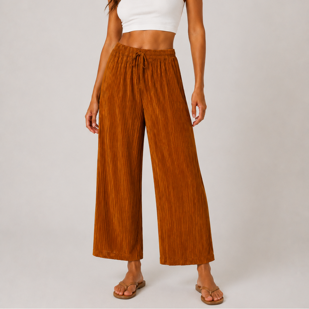 Ladies soft touch cropped trousers in caramel brown – lightweight wide leg casual pants with elasticated drawstring waist.