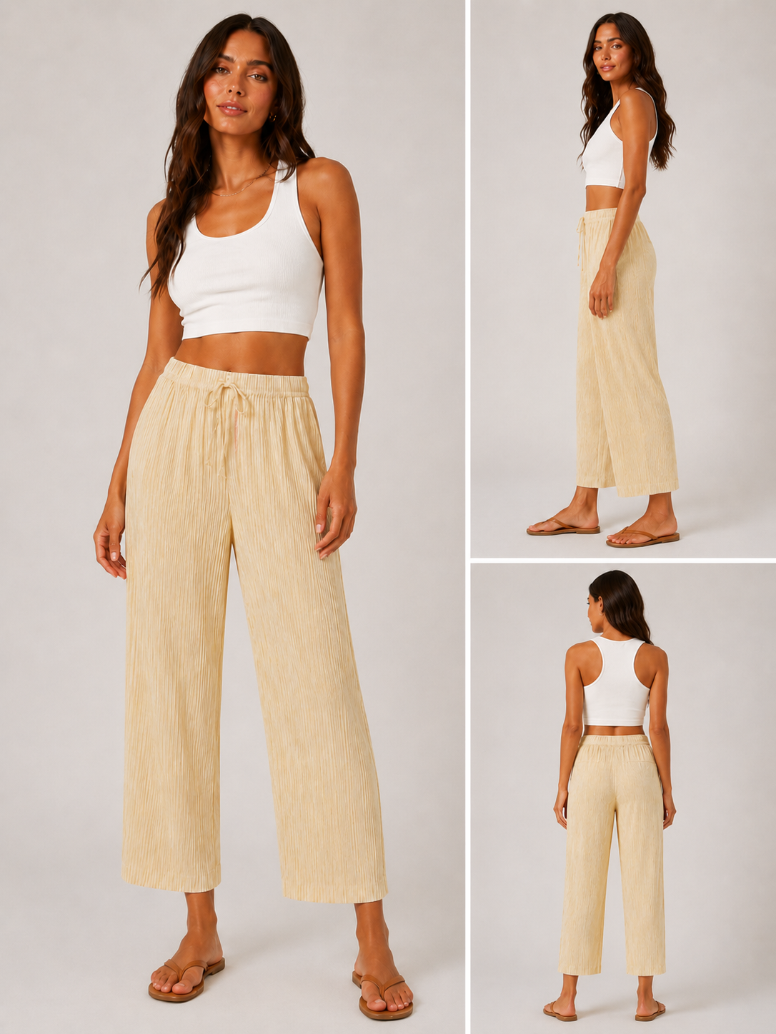 Ladies soft touch cropped trousers in cream – lightweight wide leg casual pants with elasticated drawstring waist.