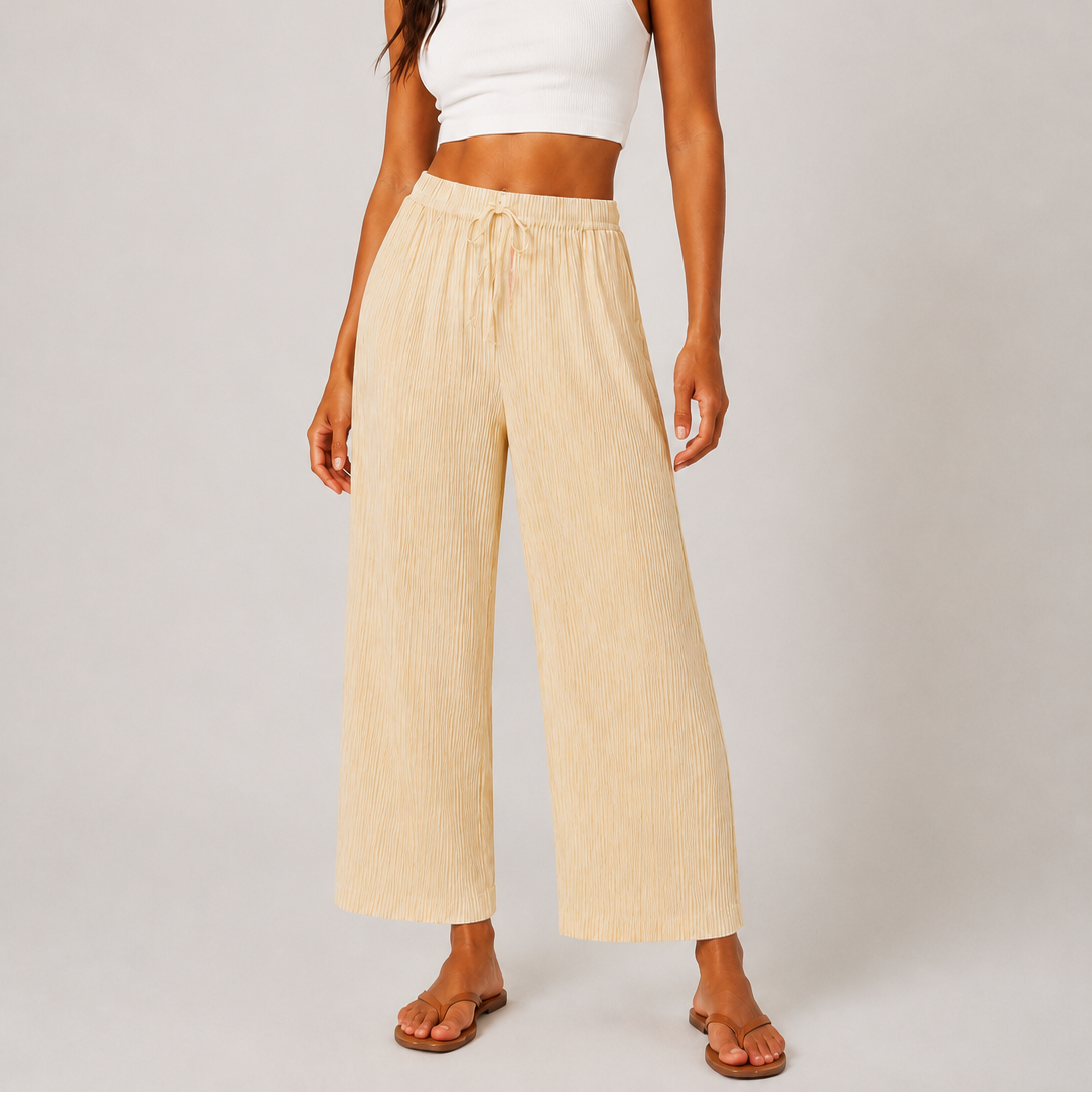 Ladies soft touch cropped trousers in cream – lightweight wide leg casual pants with elasticated drawstring waist.