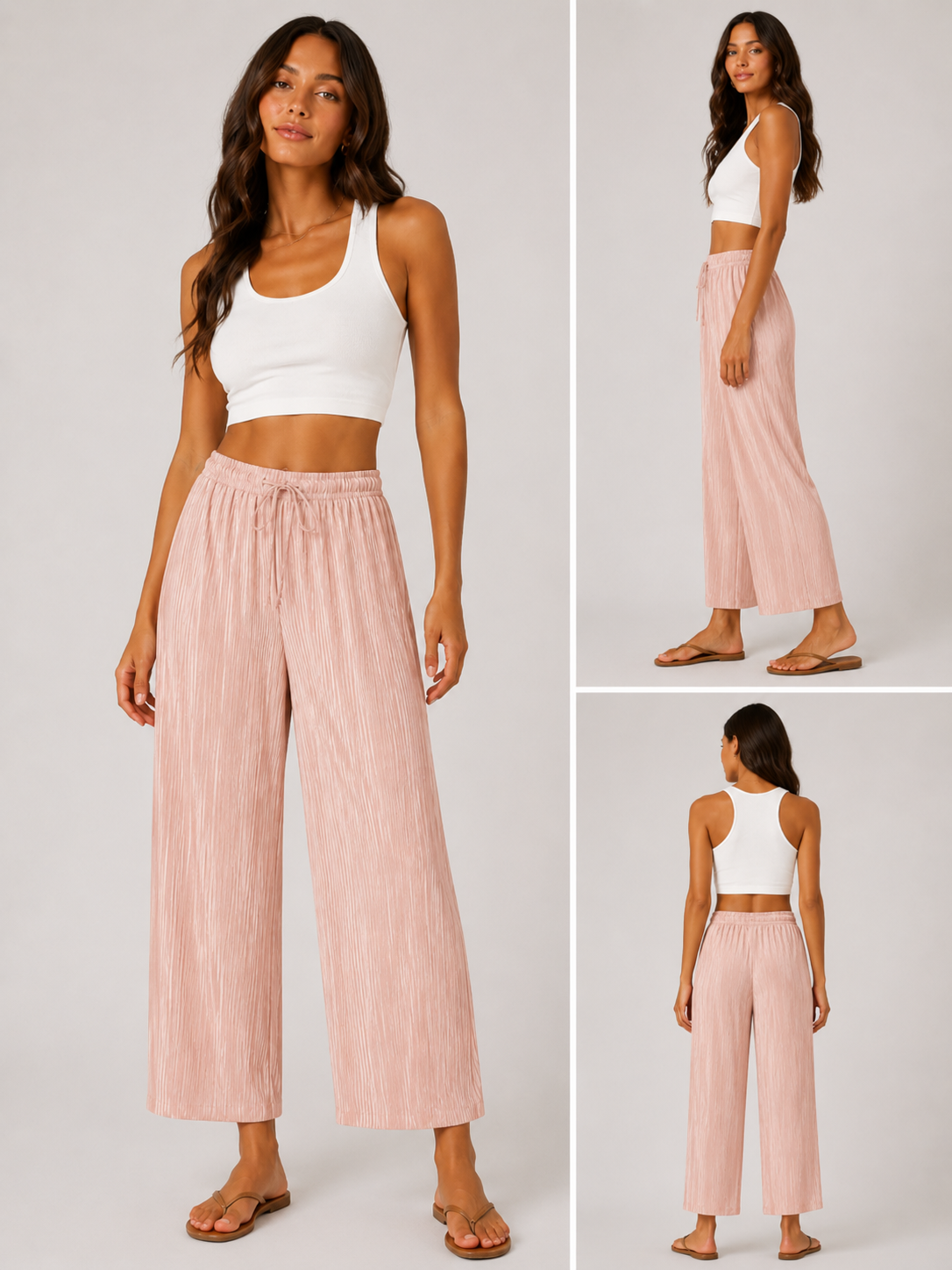 Ladies soft touch cropped trousers in dusty pink – lightweight wide leg casual pants with elasticated drawstring waist.