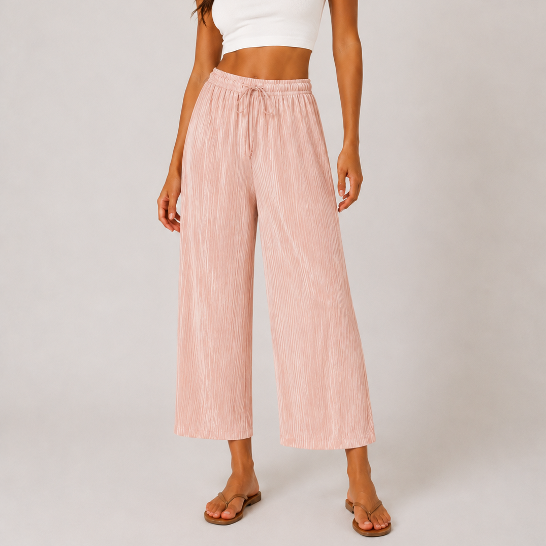 Ladies soft touch cropped trousers in dusty pink – lightweight wide leg casual pants with elasticated drawstring waist.