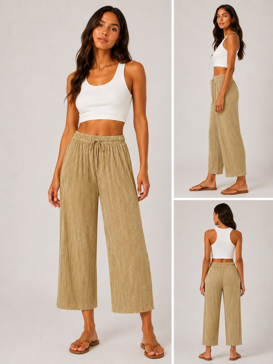 Ladies soft touch cropped trousers in light pistachio – lightweight wide leg casual pants with elasticated drawstring waist.