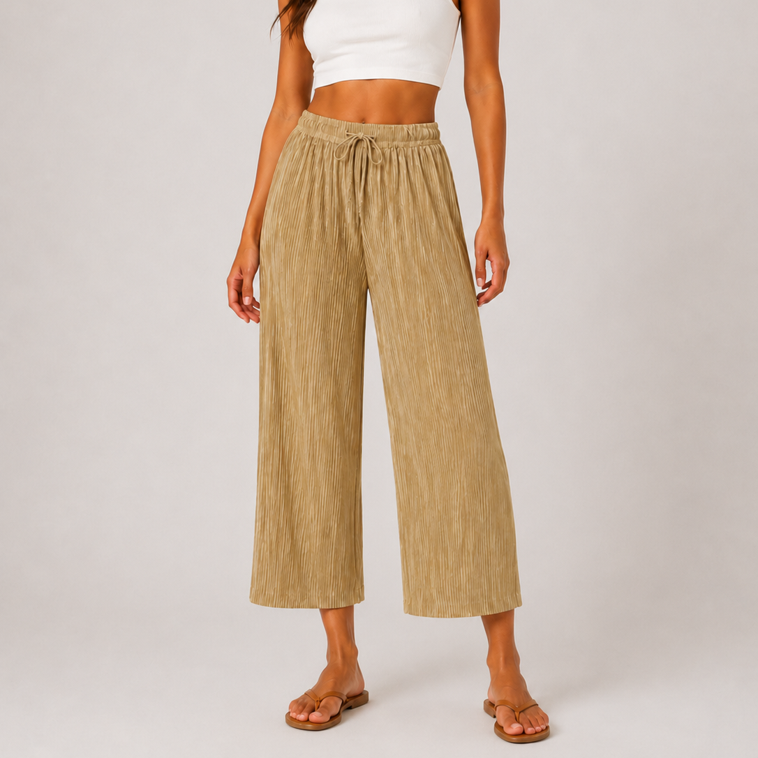 Ladies soft touch cropped trousers in light pistachio – lightweight wide leg casual pants with elasticated drawstring waist.
