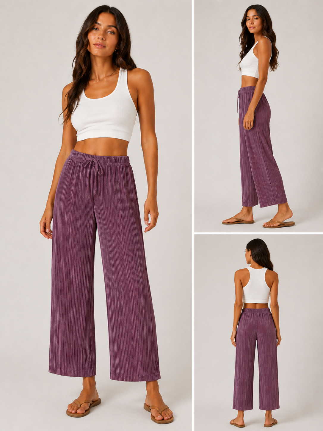 Ladies soft touch cropped trousers in purple plum – lightweight wide leg casual pants with elasticated drawstring waist.