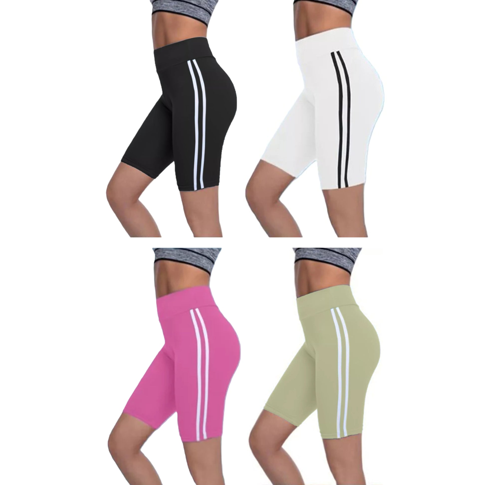 Ladies plus size high-waisted cycling shorts – striped side panel in black, white, pink, and beige