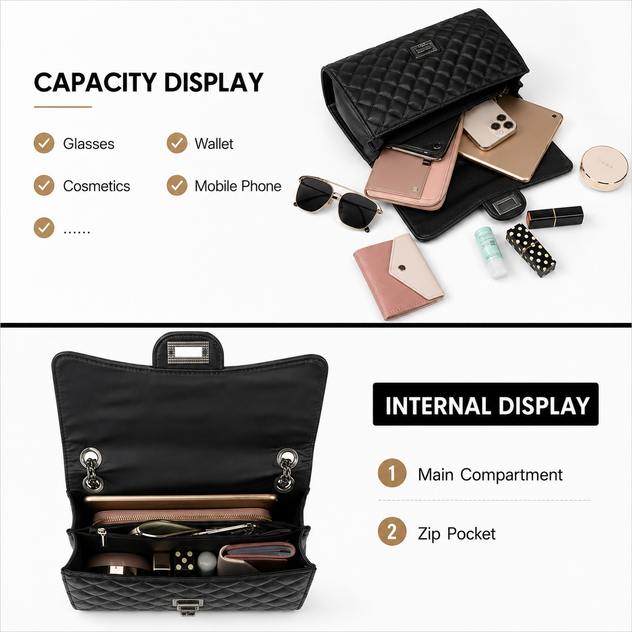 Ladies Black quilted faux leather shoulder and crossbody bag with chain strap and turn lock closure