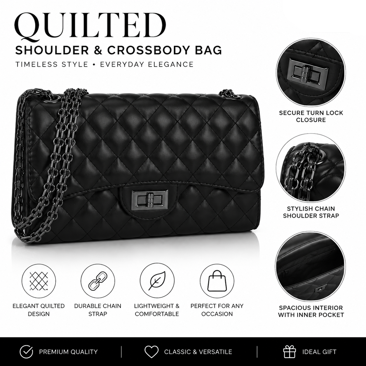 Ladies Black quilted faux leather shoulder and crossbody bag with chain strap and turn lock closure